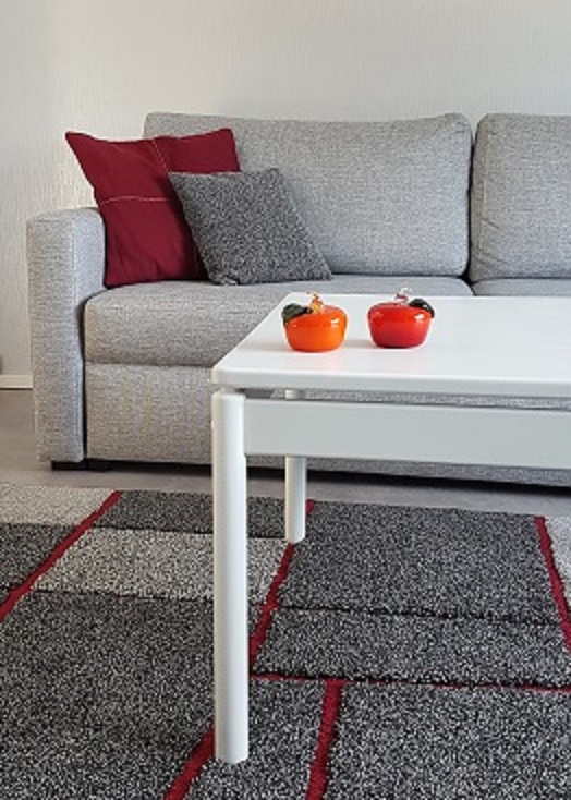Punaista väriä löytyy olohuoneen matosta. Samaa tehosteväriä löytyy myös kirpputorilta hankituista sohvatyynyistä.